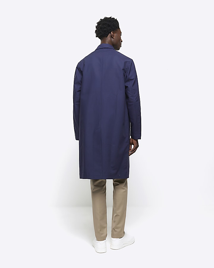 Navy regular fit longline trench coat