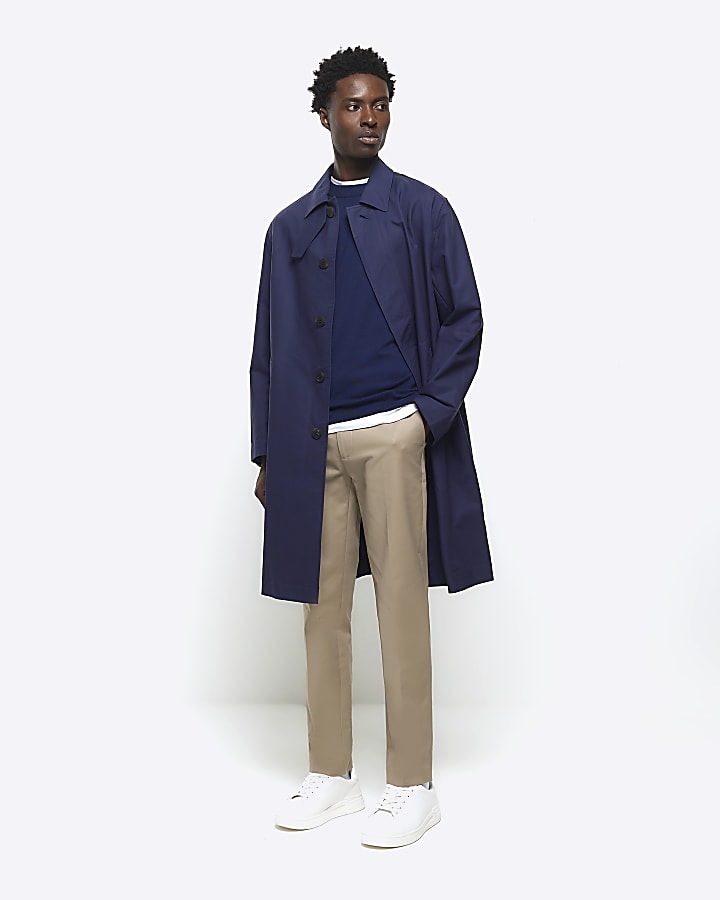 Navy regular fit longline trench coat