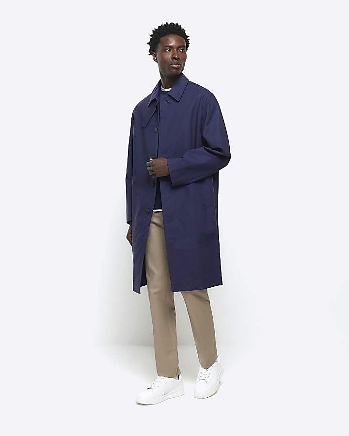 Navy regular fit longline trench coat