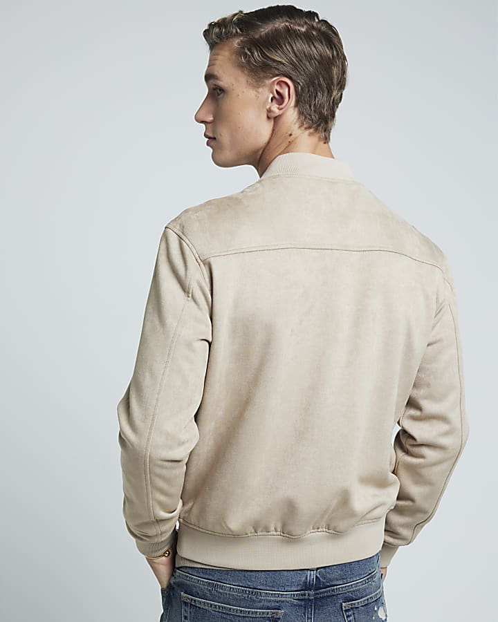 Beige regular fit suedette bomber jacket