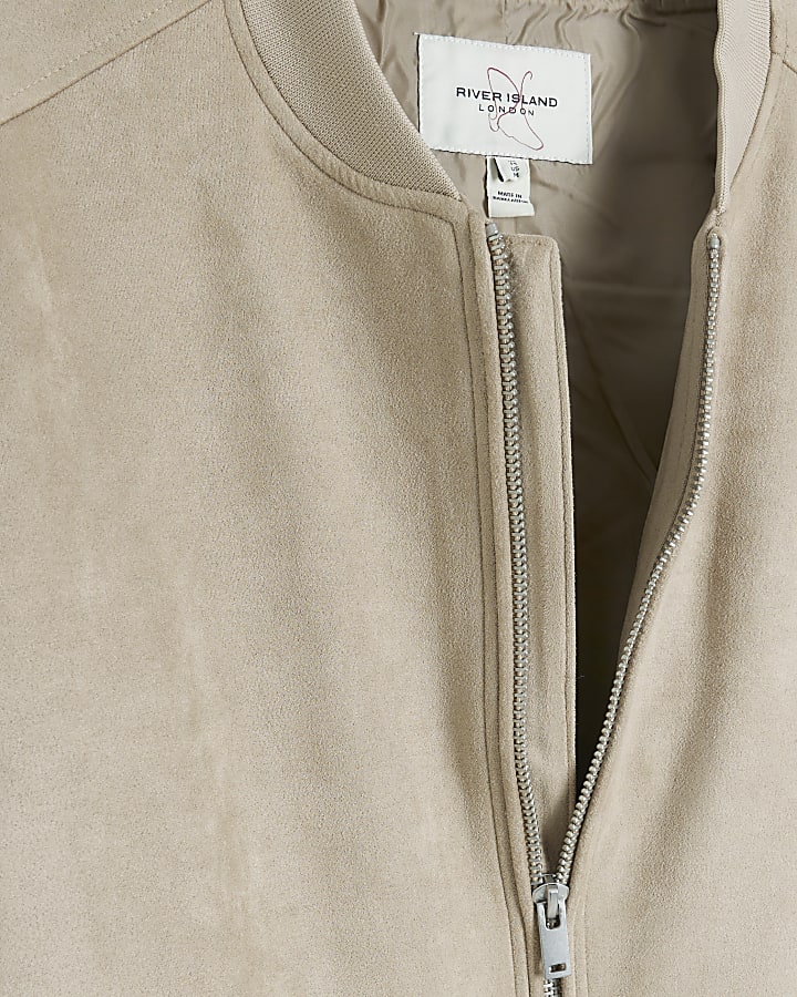 Beige regular fit suedette bomber jacket