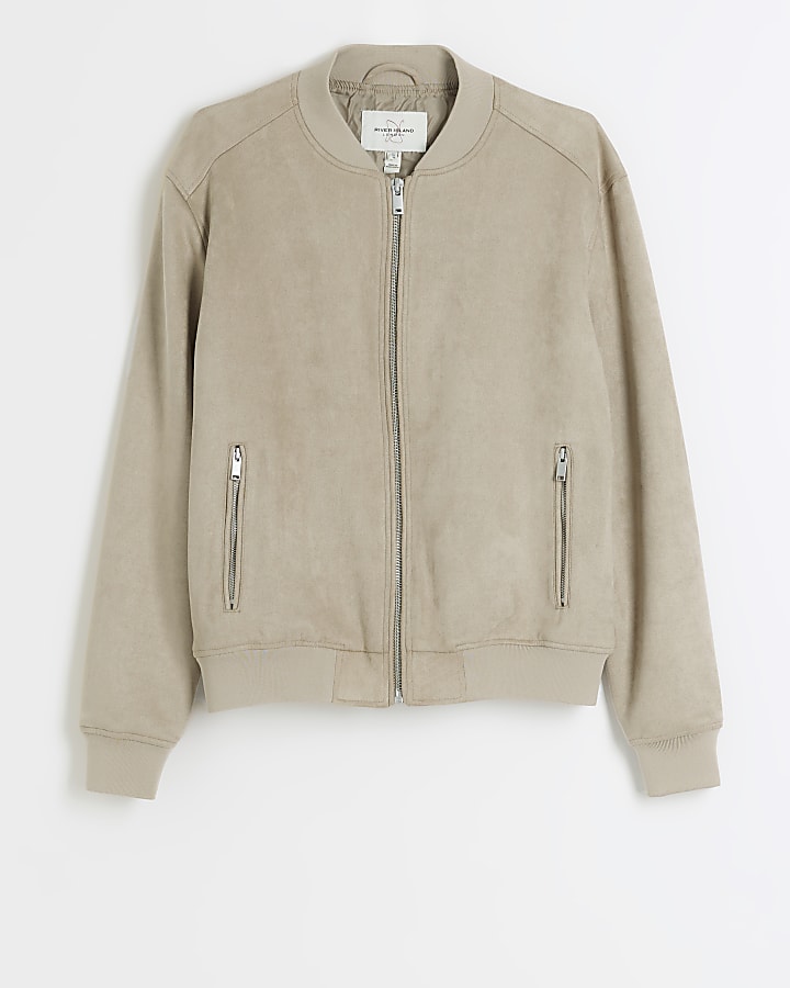 Beige regular fit suedette bomber jacket