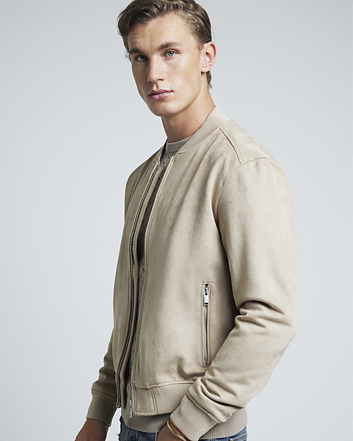 Beige regular fit suedette bomber jacket