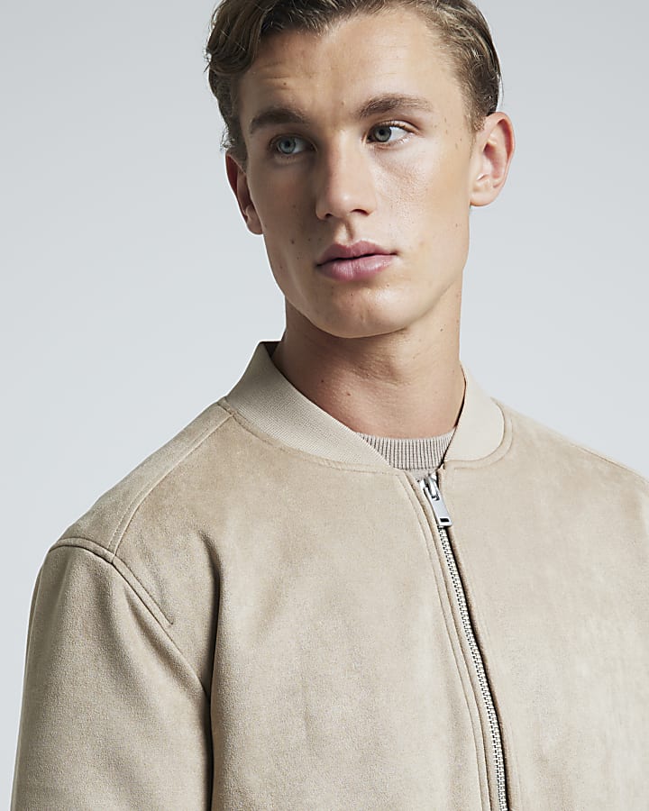 Beige regular fit suedette bomber jacket