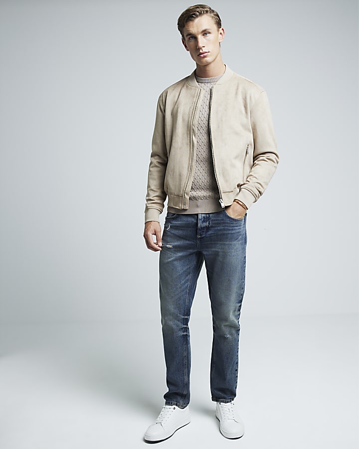 Beige regular fit suedette bomber jacket