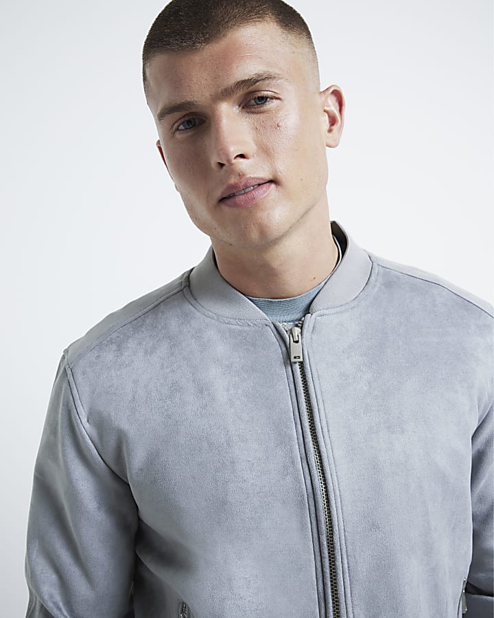 Blue regular fit suedette bomber jacket