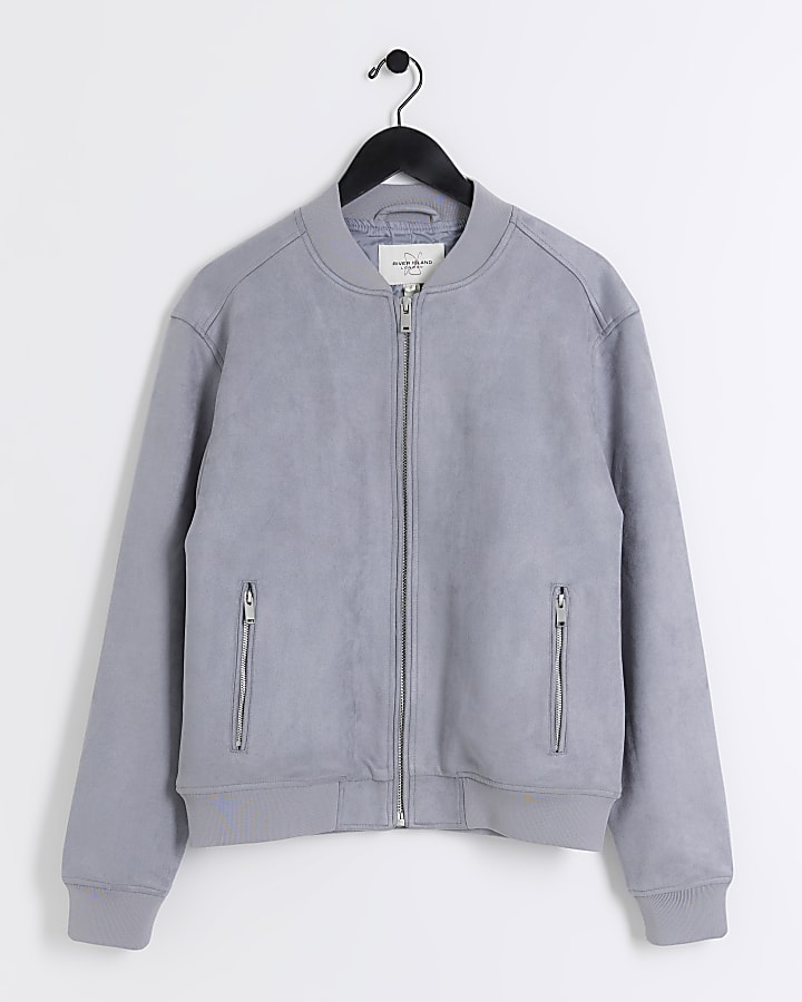 Blue regular fit suedette bomber jacket