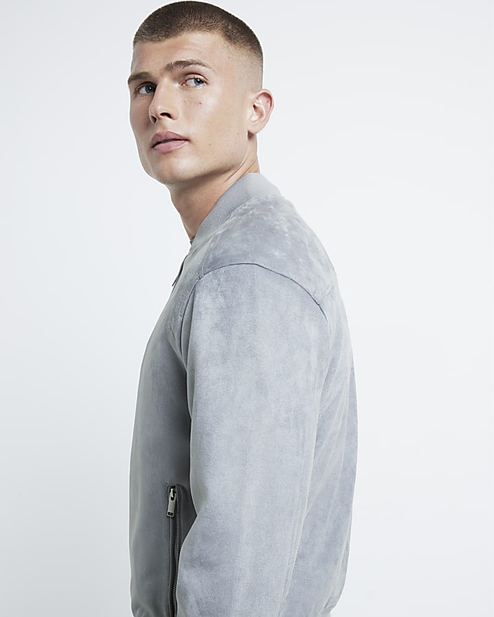 Blue regular fit suedette bomber jacket