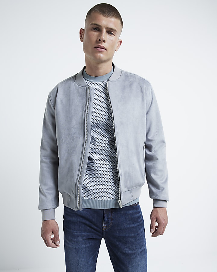 Blue regular fit suedette bomber jacket