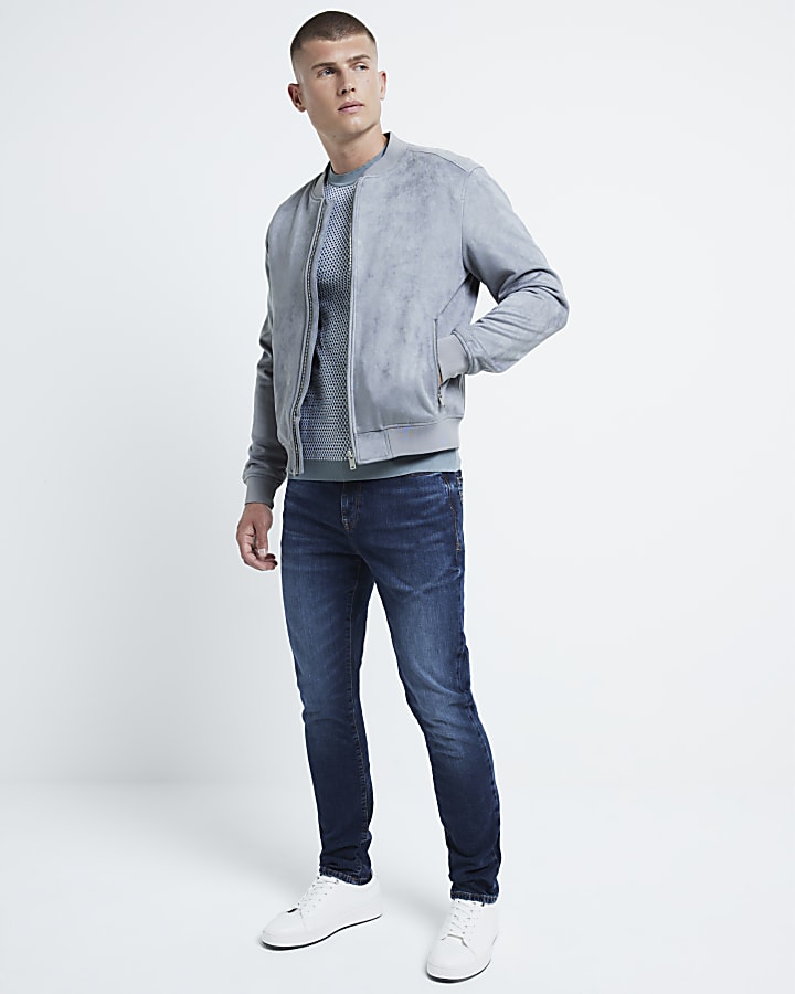 Blue regular fit suedette bomber jacket