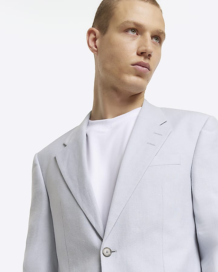 Blue slim fit linen blend suit jacket