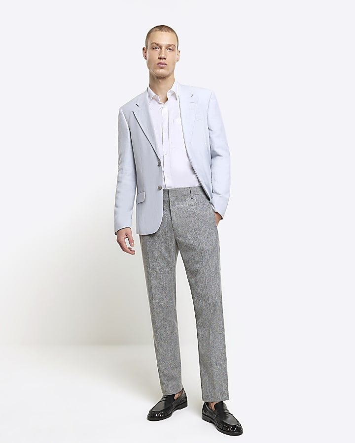 Blue slim fit linen blend suit jacket
