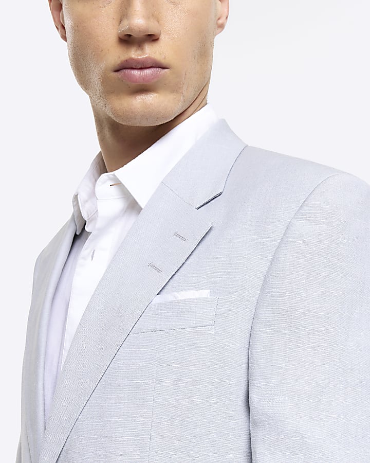 Blue slim fit linen blend suit jacket