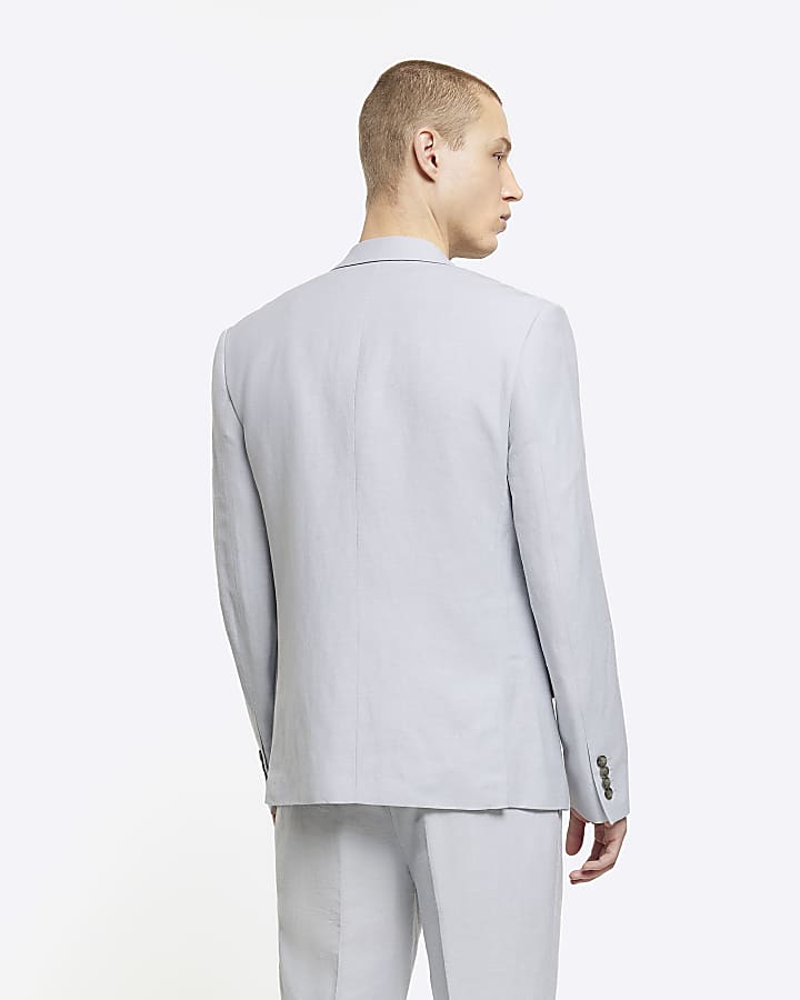 Blue slim fit linen blend suit jacket