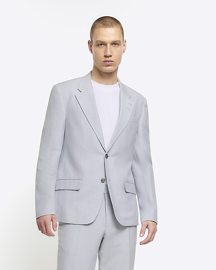 Blue slim fit linen blend suit jacket River Island