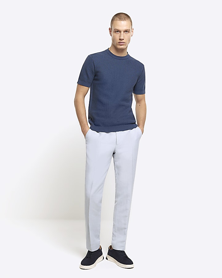 Blue slim fit linen blend suit trousers