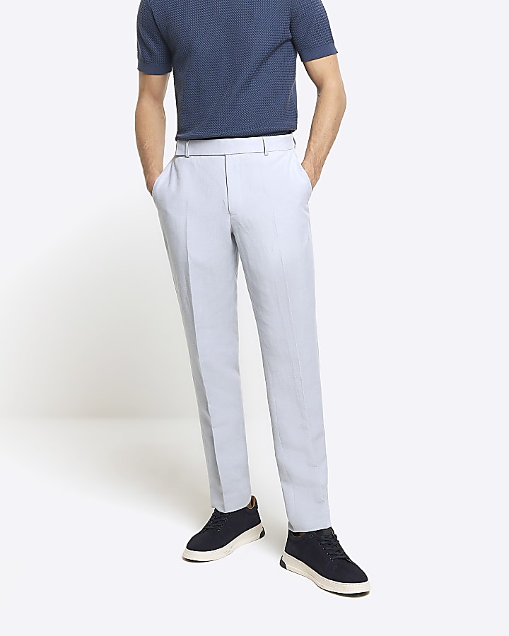 Blue slim fit linen blend suit trousers