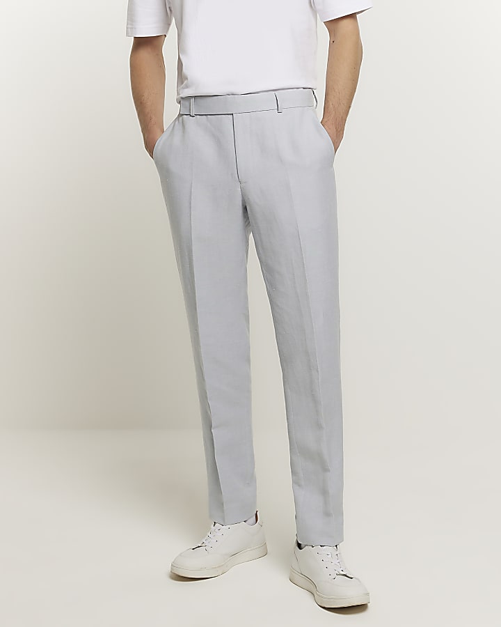 Blue slim fit linen blend suit trousers