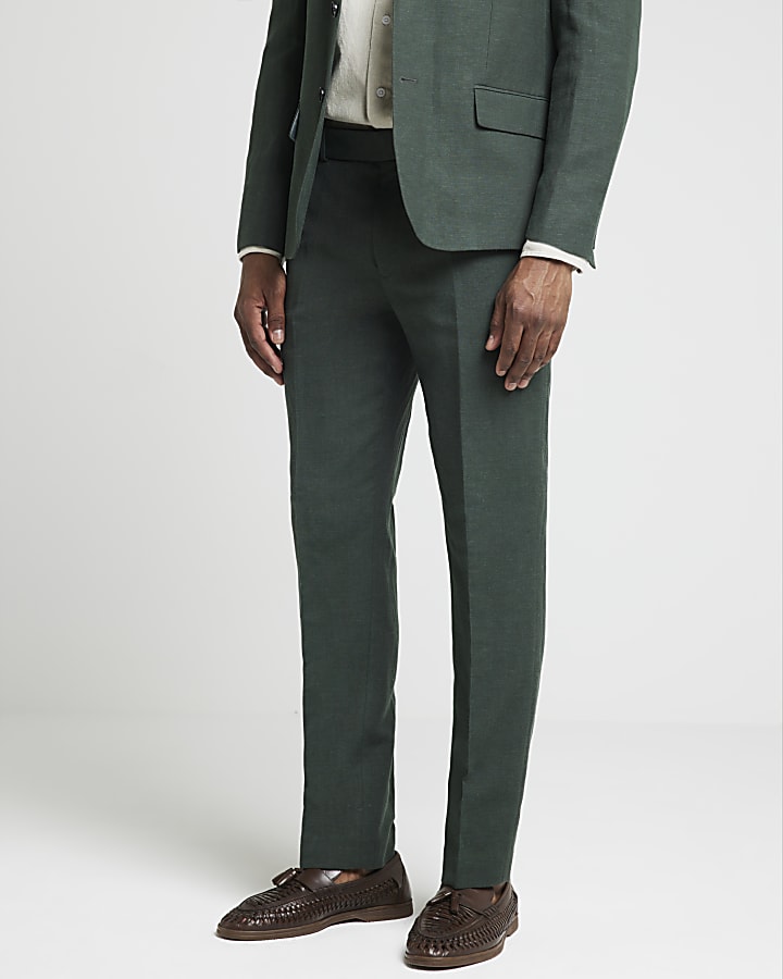Green slim fit linen blend suit trousers