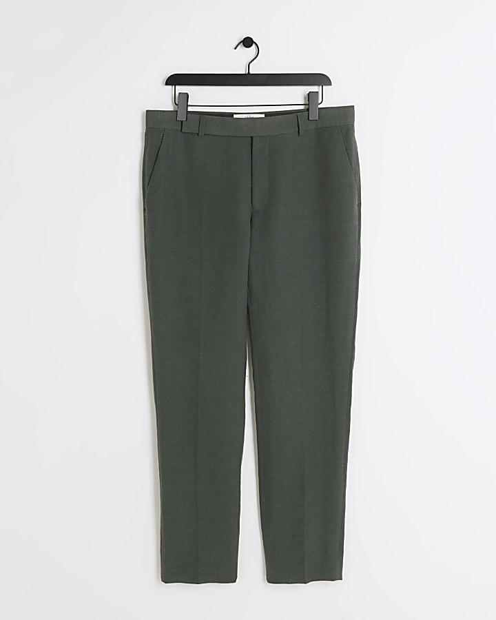 Green slim fit linen blend suit trousers