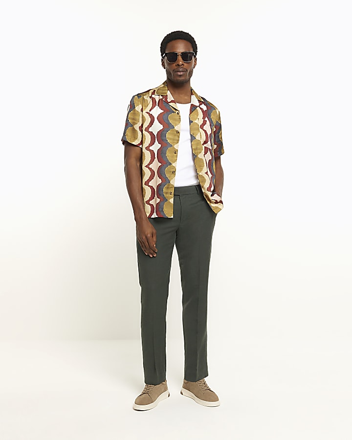 Green slim fit linen blend suit trousers