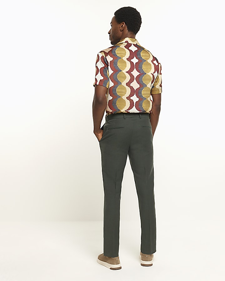 Green slim fit linen blend suit trousers