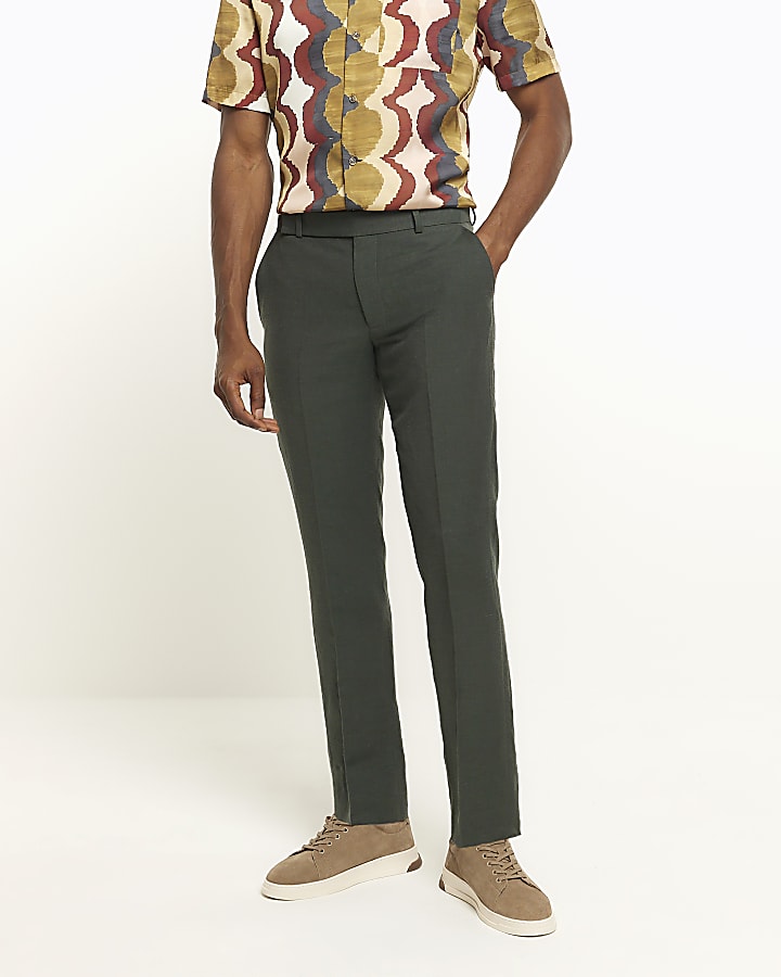 Green slim fit linen blend suit trousers