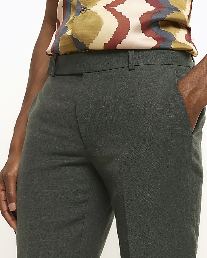 Green slim fit linen blend suit trousers