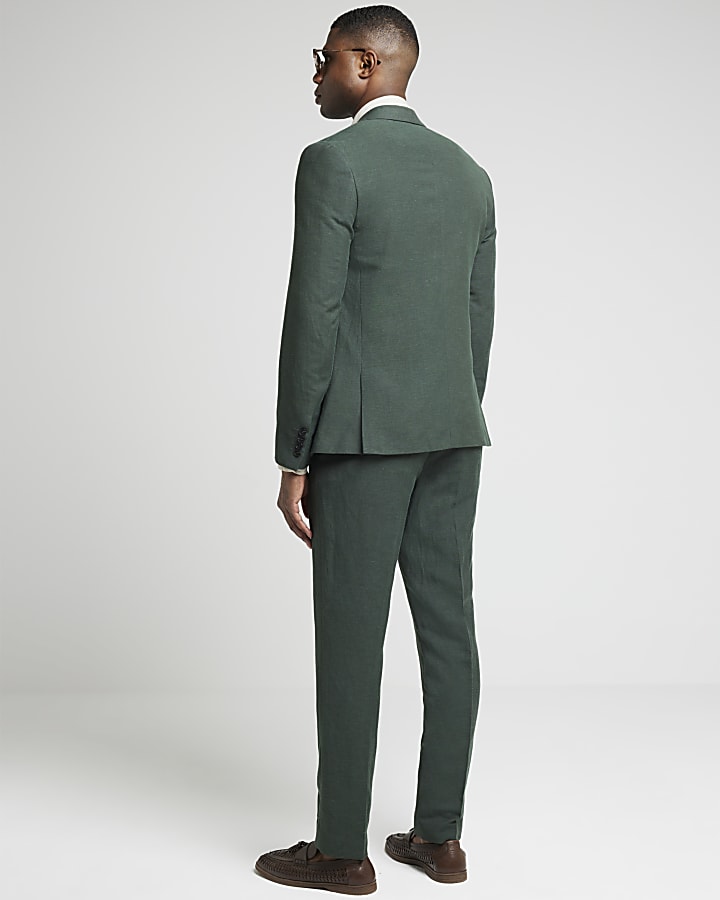 Green slim fit linen blend suit trousers