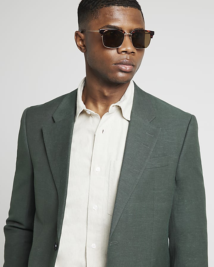 Green slim fit linen blend suit jacket