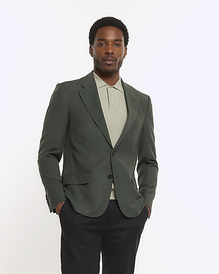 Green slim fit linen blend suit jacket