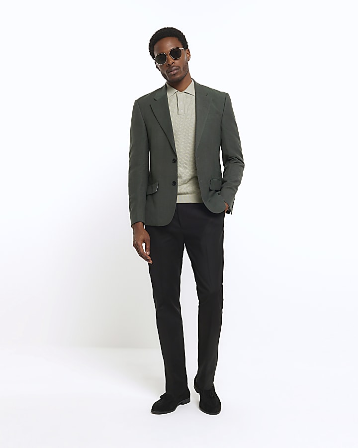 Green slim fit linen blend suit jacket