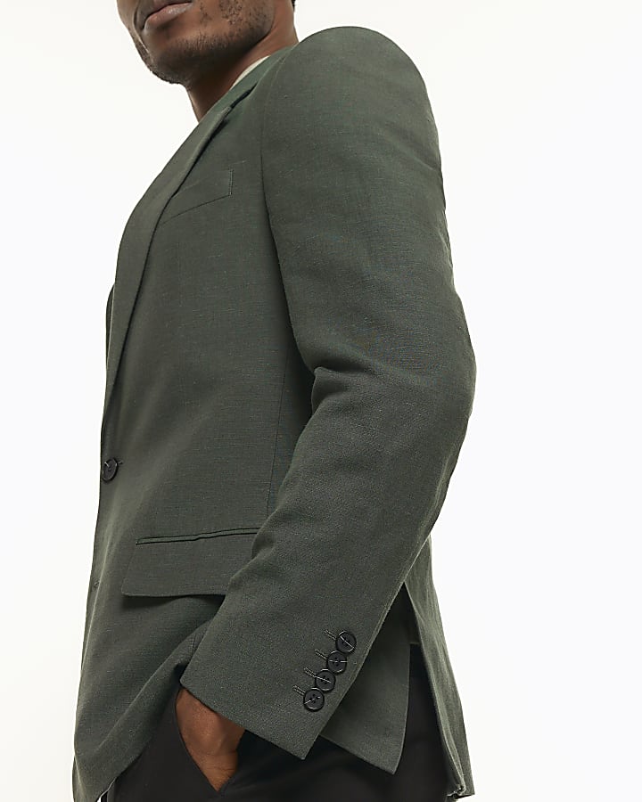 Green slim fit linen blend suit jacket