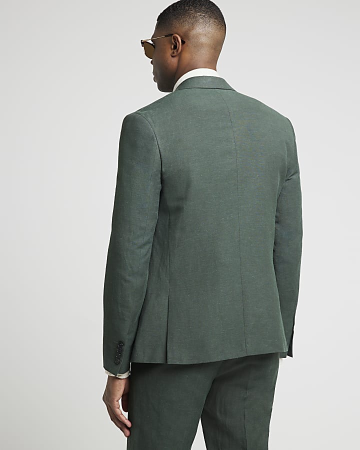 Green slim fit linen blend suit jacket