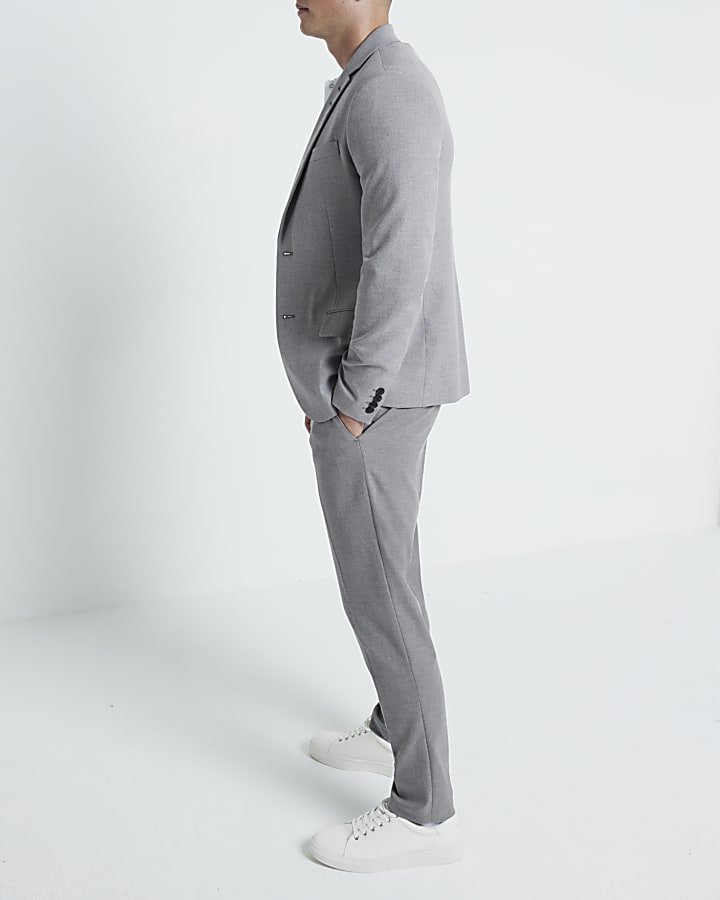 Grey Textured Stretch Slim Fit Suit Trousers