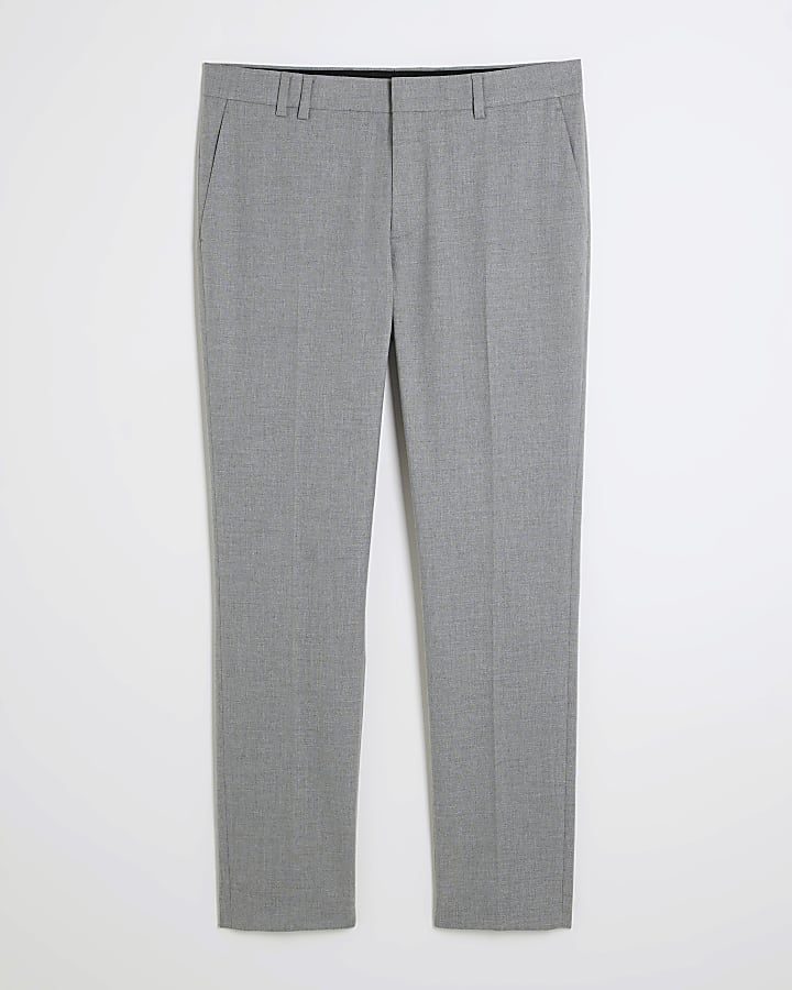 Grey Textured Stretch Slim Fit Suit Trousers