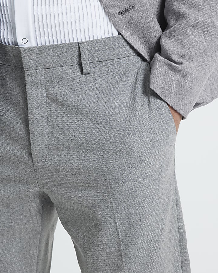 Grey Textured Stretch Slim Fit Suit Trousers