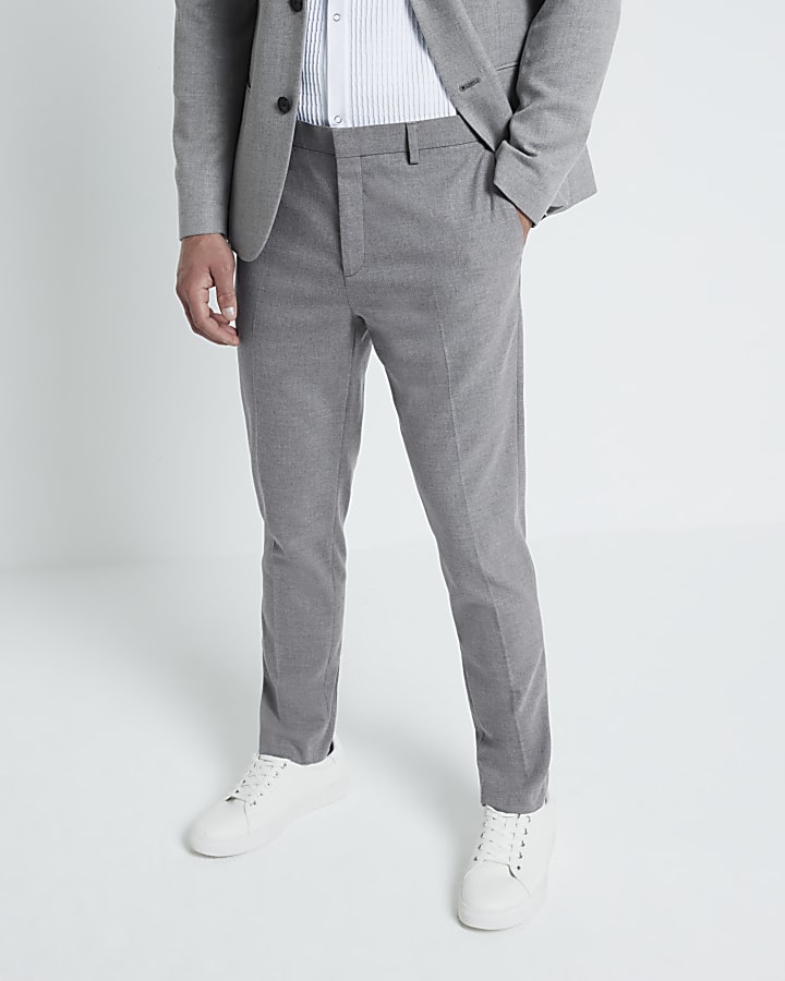 Grey Textured Stretch Slim Fit Suit Trousers