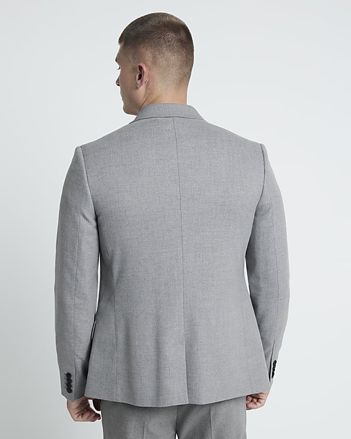 Grey Textured Stretch Slim Fit Suit Jacket