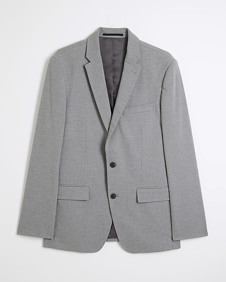 Grey Textured Stretch Slim Fit Suit Jacket