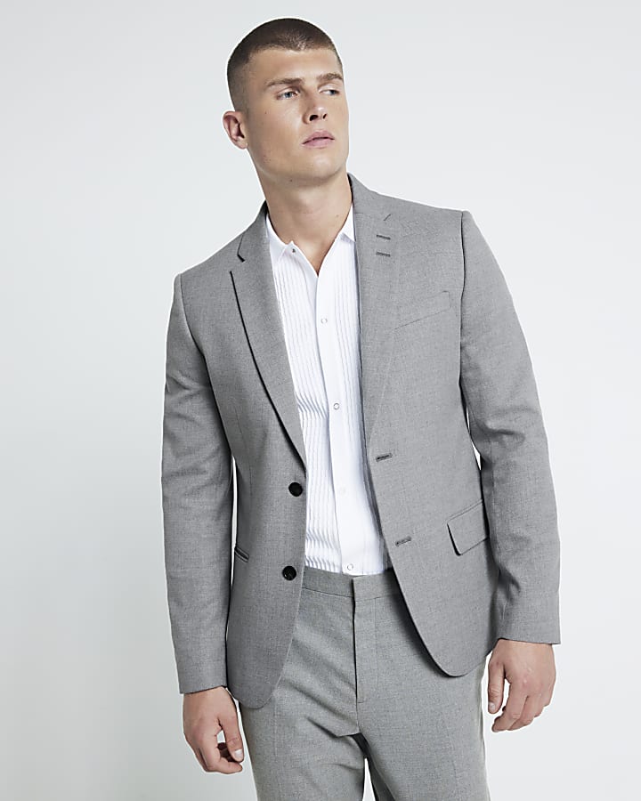 Grey Textured Stretch Slim Fit Suit Jacket