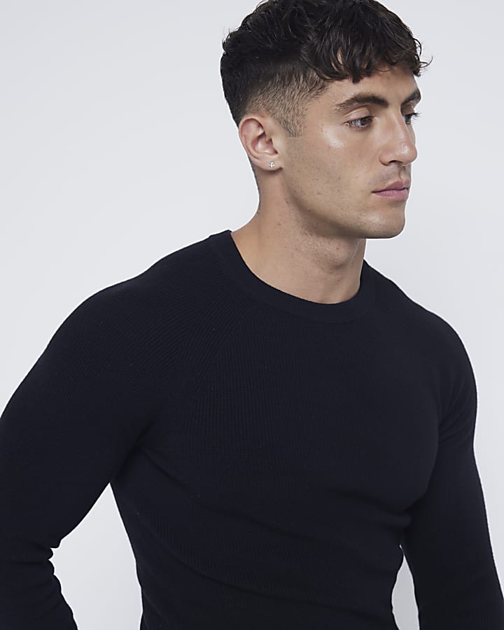 Black muscle fit stretch rib jumper