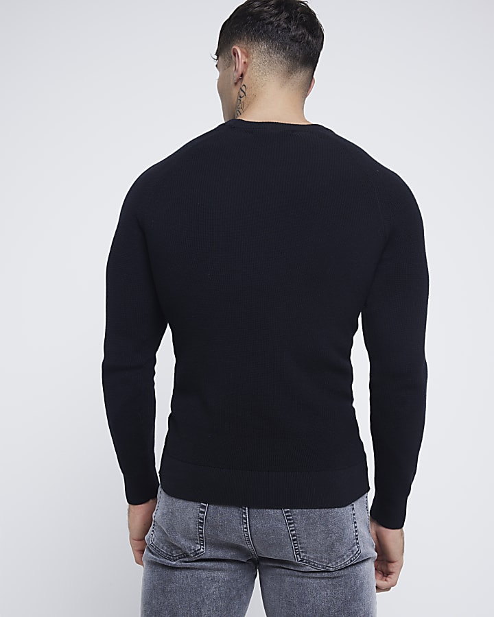 Black muscle fit stretch rib jumper