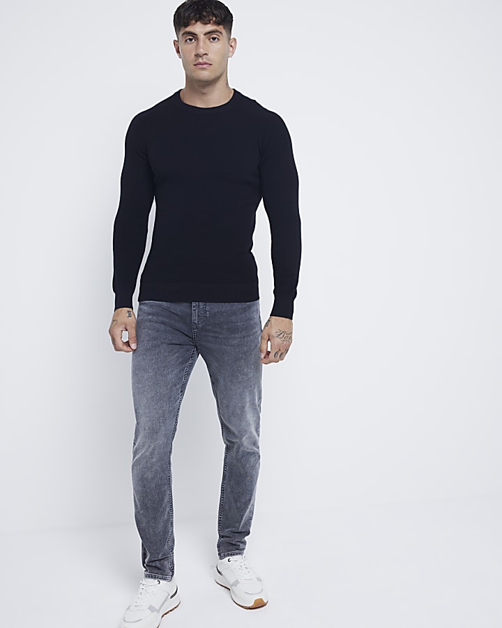 Black muscle fit stretch rib jumper
