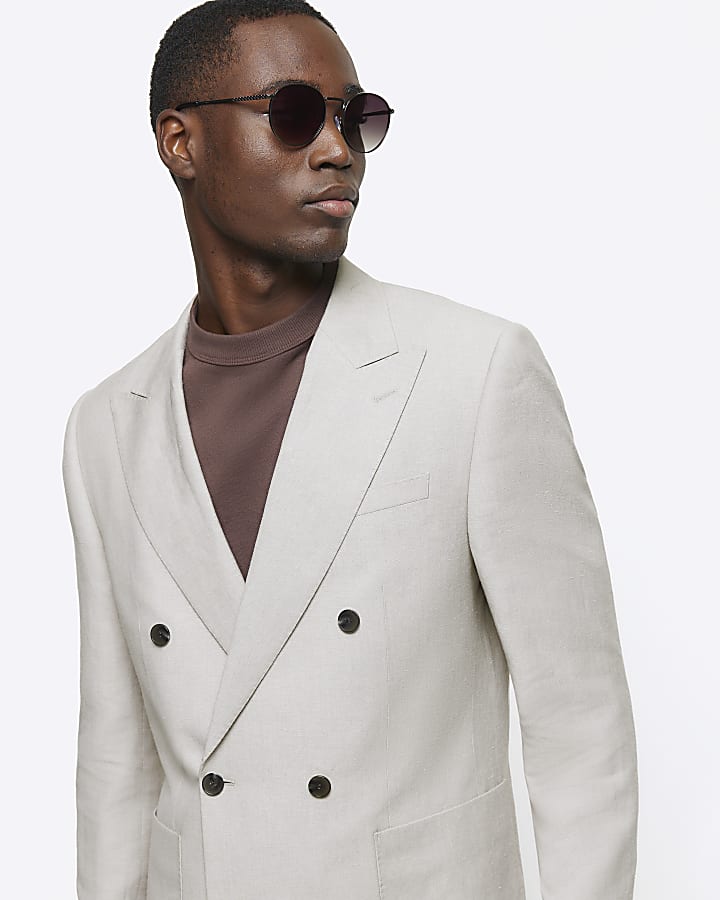 Beige slim fit linen blend suit jacket
