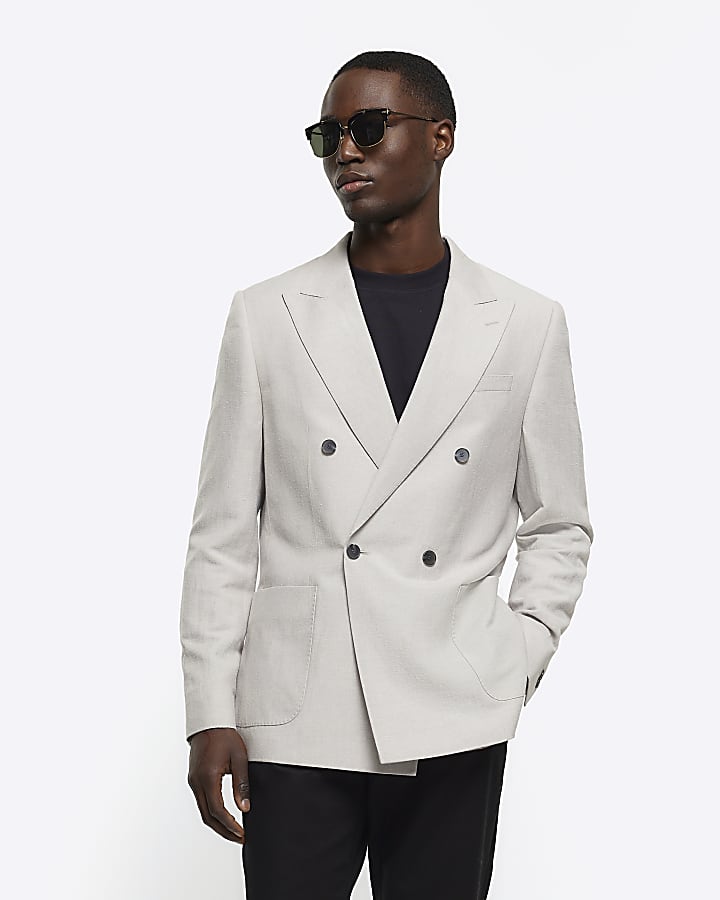 Beige slim fit linen blend suit jacket