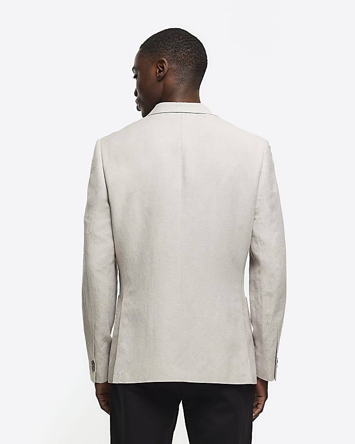 Beige slim fit linen blend suit jacket