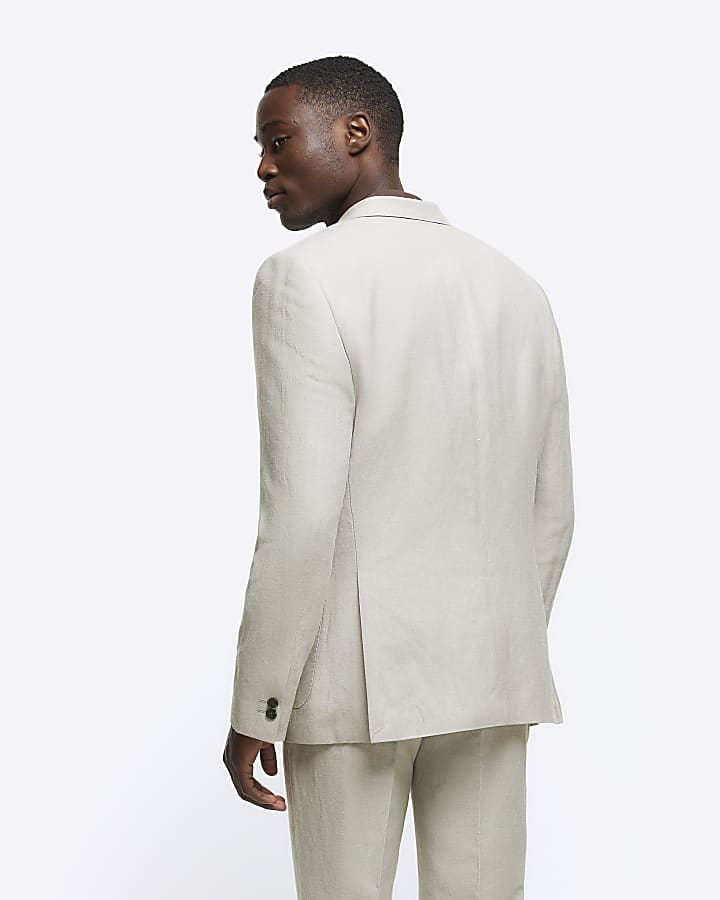 Beige slim fit linen blend suit jacket