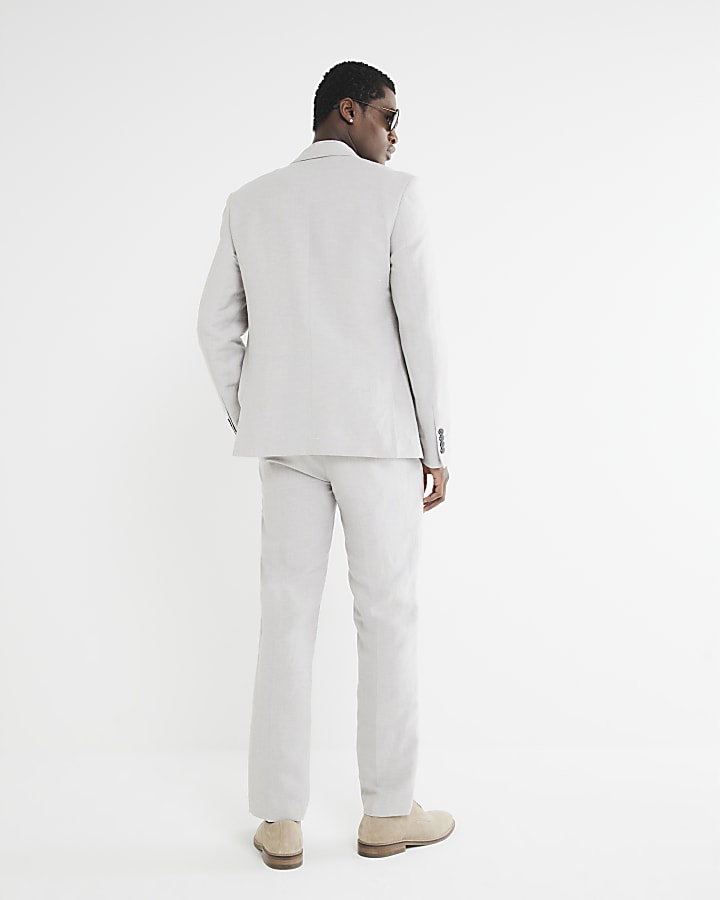 Beige slim fit linen blend suit trousers