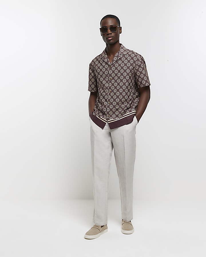 Beige slim fit linen blend suit trousers